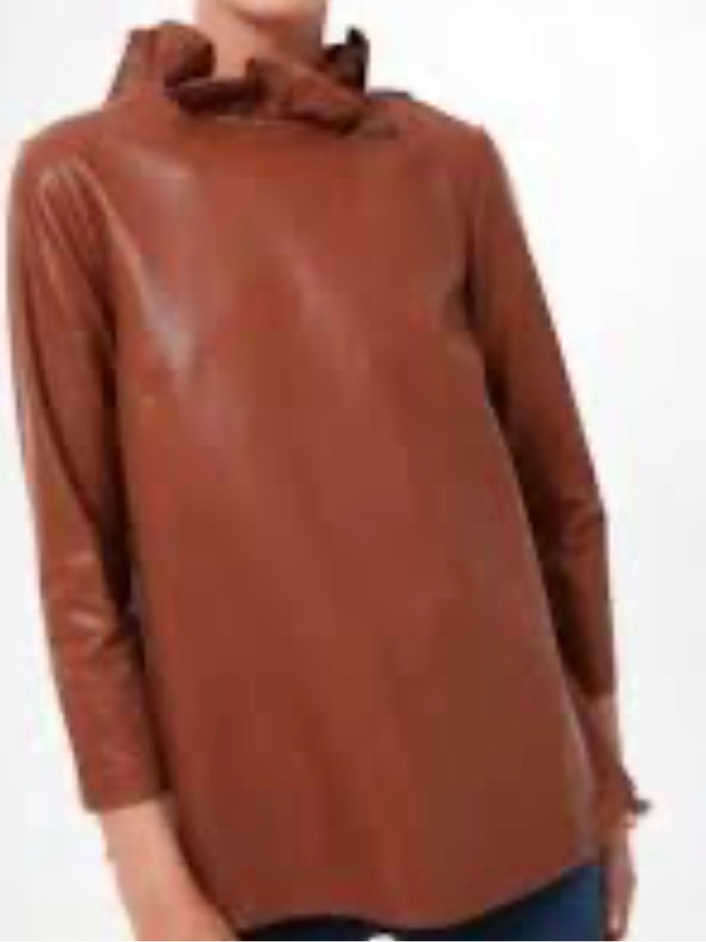 Tuckernuck Faye Faux Leather Blouse Cognac Brown Ruffle Bow Back Size L